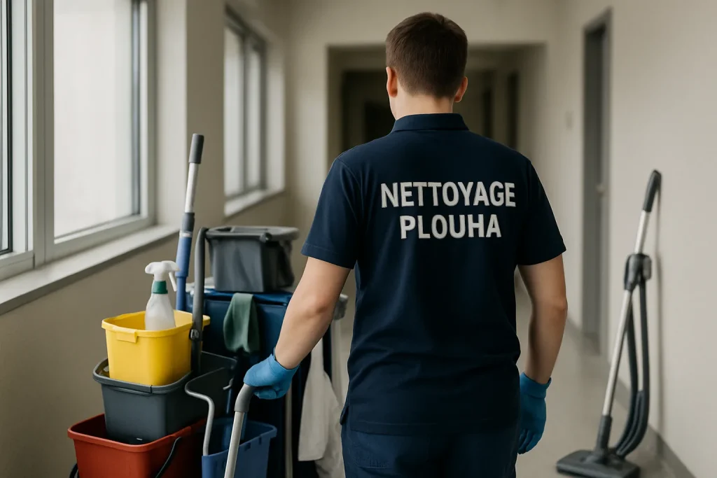 Un agent de nettoyage à PLOUHA utilise un aspirateur dans un appartement en désordre.