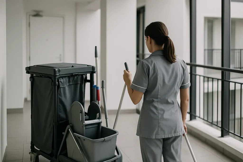Professionnel du nettoyage à Plancoët dans un appartement, outils en main.