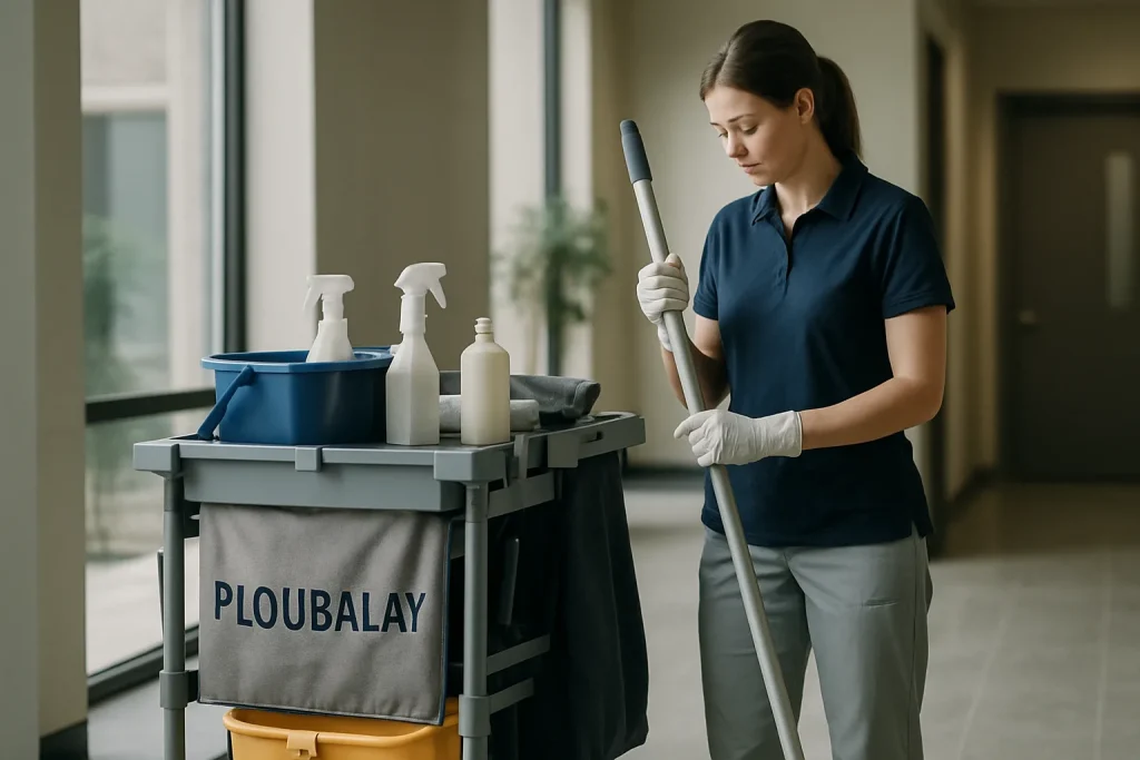 Technicien de nettoyage à Ploubalay nettoyant un bureau avec des équipements modernes.