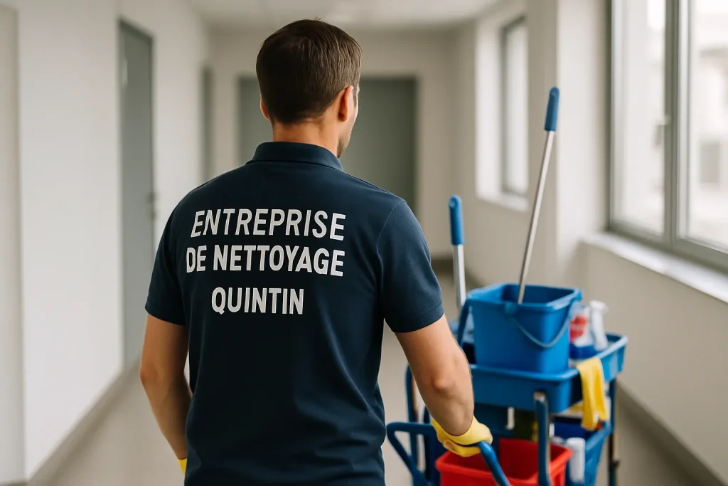 Équipe de nettoyage à Quintin nettoyant des bureaux avec des équipements professionnels.