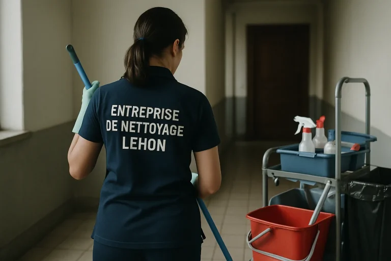 Équipe de nettoyage professionnelle travaillant dans un appartement insalubre à Léhon.