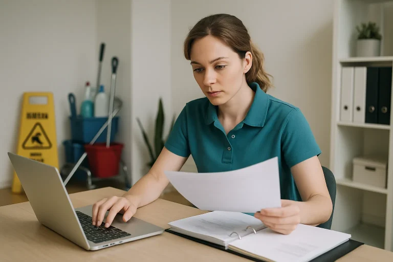 Bureau lumineux d'une entreprise de nettoyage à PLOUBEZRE avec équipements modernes.