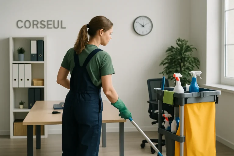 Équipe de nettoyage en train de nettoyer un appartement à Corseul avec des équipements professionnels.