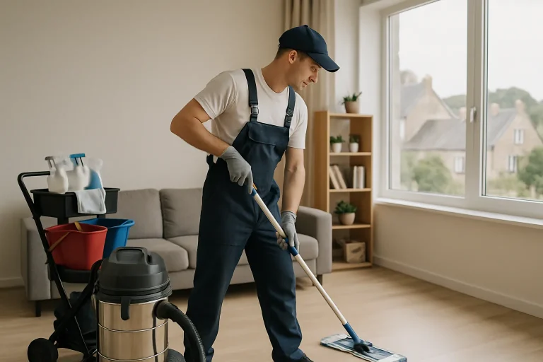 Professionnel du nettoyage à Perros-Guirec utilisant des équipements modernes dans un appartement.