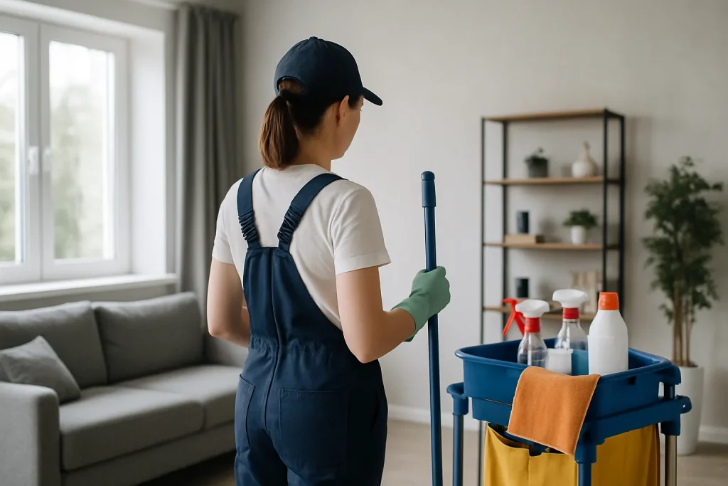 Un agent de nettoyage s'occupe d'un appartement insalubre à Ploubazlanec avec des outils modernes.