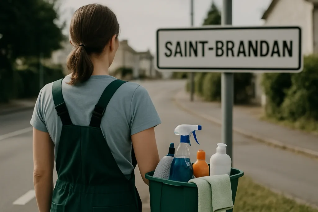 Un agent de nettoyage nettoyant un bureau à Saint-Brandan avec des produits d'entretien.