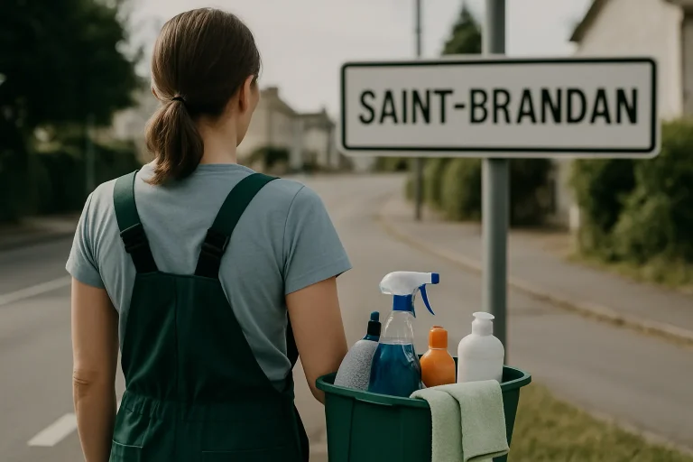 Un agent de nettoyage nettoyant un bureau à Saint-Brandan avec des produits d'entretien.