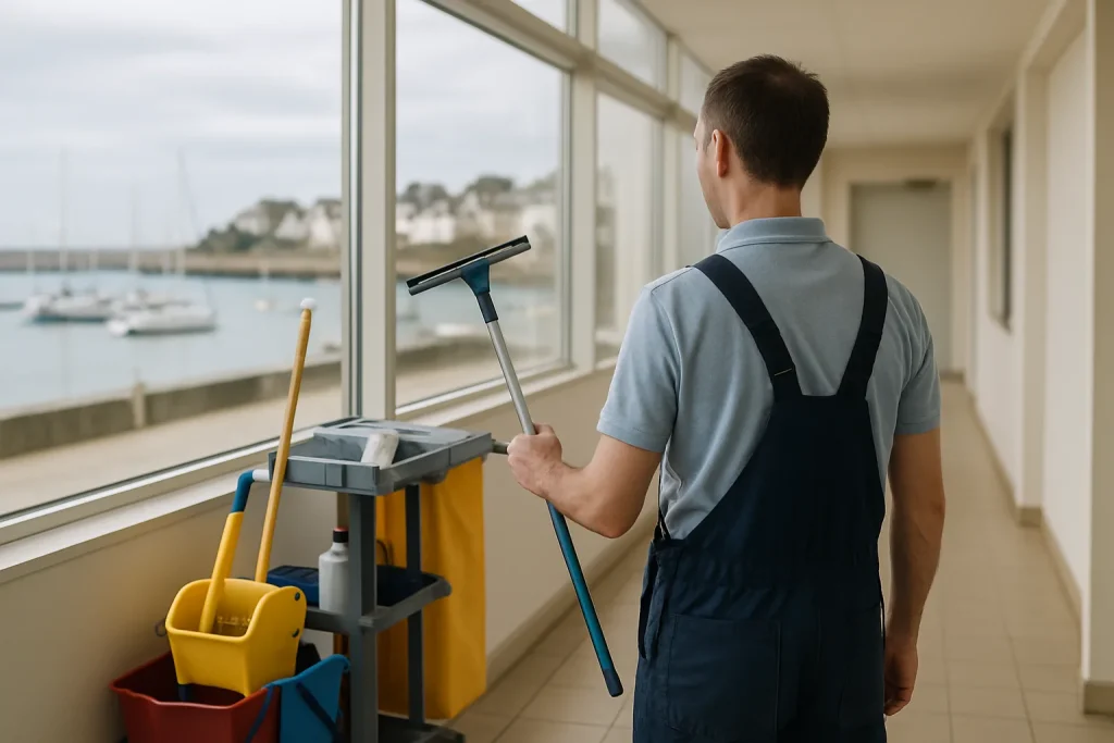 Un technicien de nettoyage dans un bureau à Saint-Quay-Portrieux, utilisant des équipements modernes.