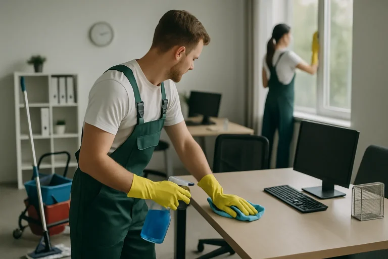 Équipe de nettoyage à Saint-Julien utilisant des équipements modernes dans un bureau.