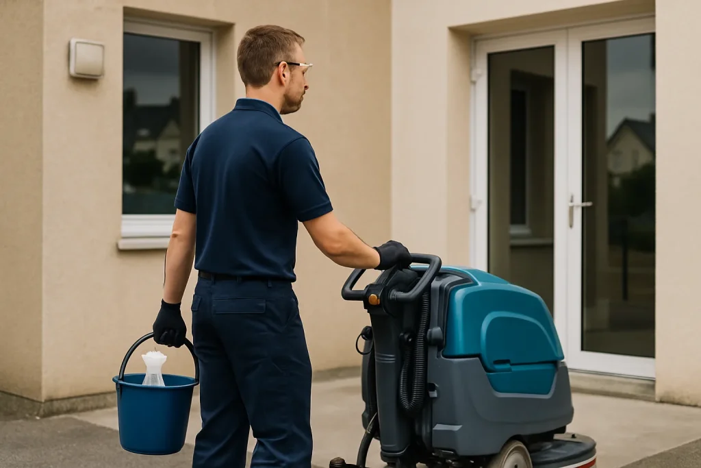 Équipe de nettoyage dans un appartement insalubre à Pleneuf-Val-André, utilisant des outils professionnels.