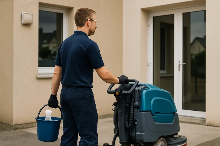 Équipe de nettoyage dans un appartement insalubre à Pleneuf-Val-André, utilisant des outils professionnels.