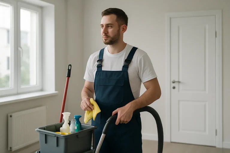 Équipe de nettoyage à PLESTIN-LES-GREVES utilisant des équipements modernes dans un appartement.
