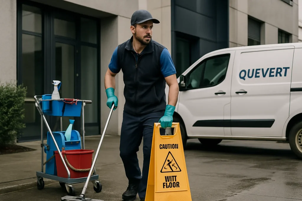 Un expert en nettoyage à Quevert effectuant des tâches de nettoyage dans un appartement.