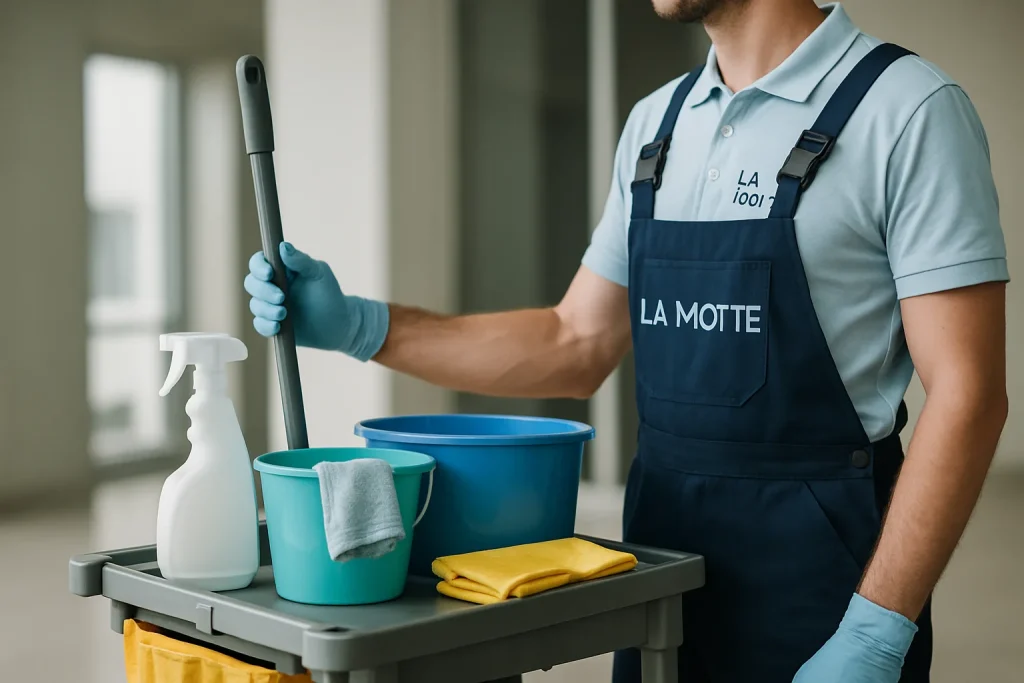 Espace de bureau propre et lumineux à La Motte, illustrant un service de nettoyage.