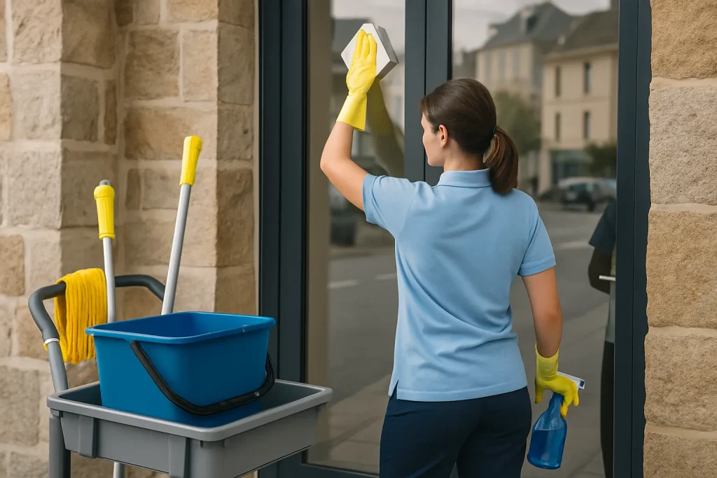 Équipe de nettoyage professionnelle à Saint-Cast-le-Guildo nettoyant un appartement.