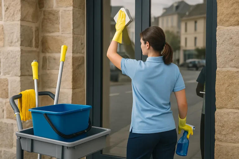 Équipe de nettoyage professionnelle à Saint-Cast-le-Guildo nettoyant un appartement.