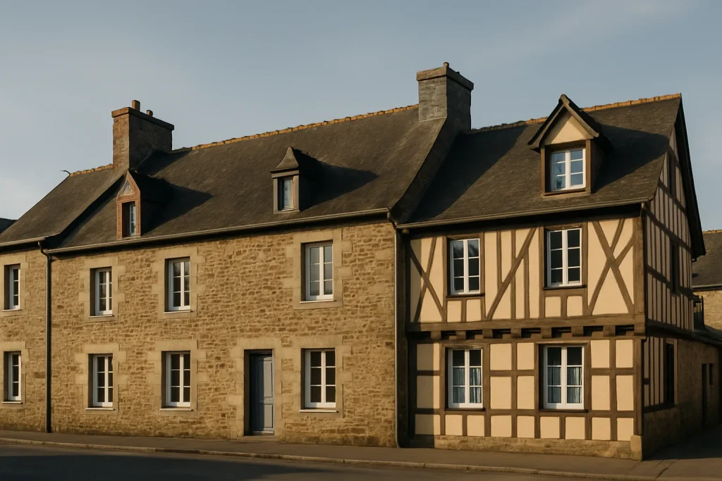 Maisons bretonnes à Lamballe-Armor, lumière du matin, ciel clair.