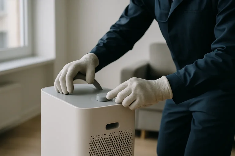Mains en gants utilisant un purificateur d'air dans un appartement insalubre.