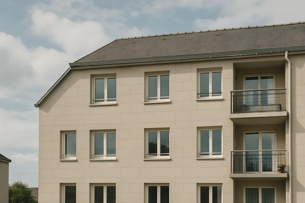 Façade d'immeuble résidentiel à Lannion avec ciel nuageux.