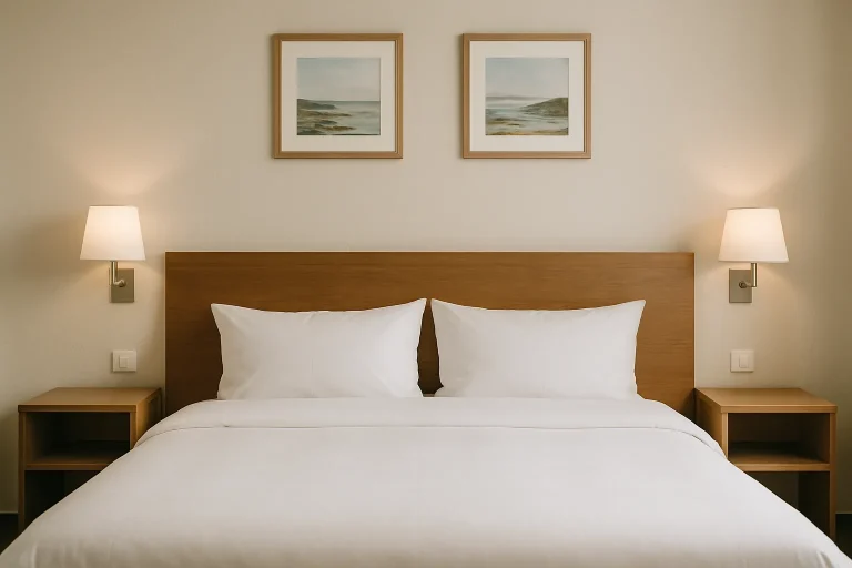 Chambre d'hôtel à Perros-Guirec avec literie propre après traitement antiparasitaire.