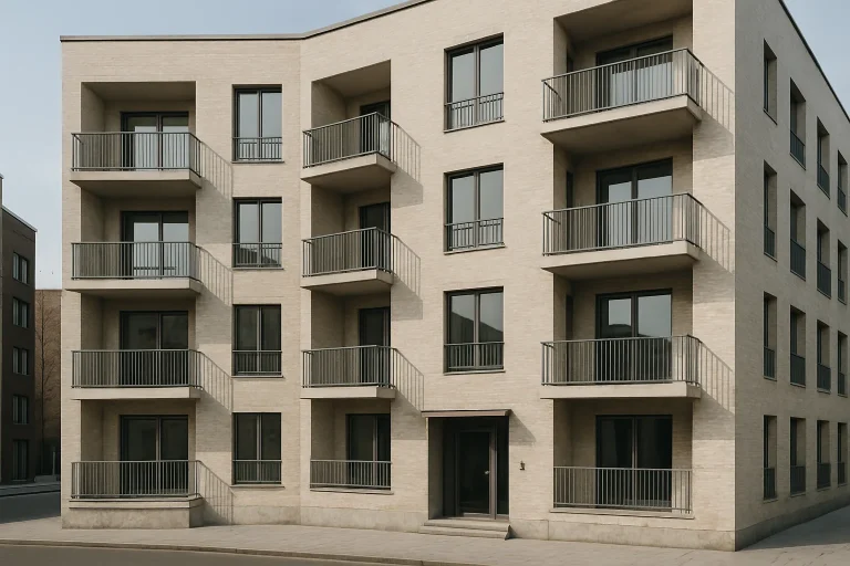 Immeuble de logements avec entrée et balcons visibles sous la lumière du jour.