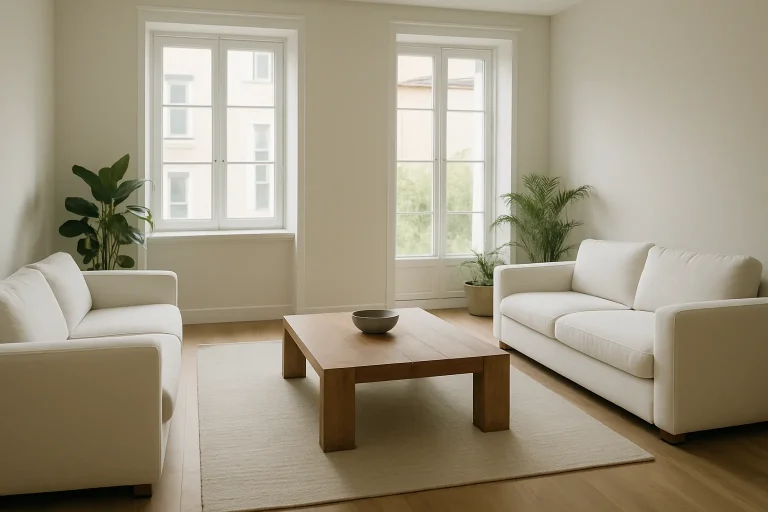 Salon moderne et propre à Dinan, avec canapés blancs et lumière naturelle