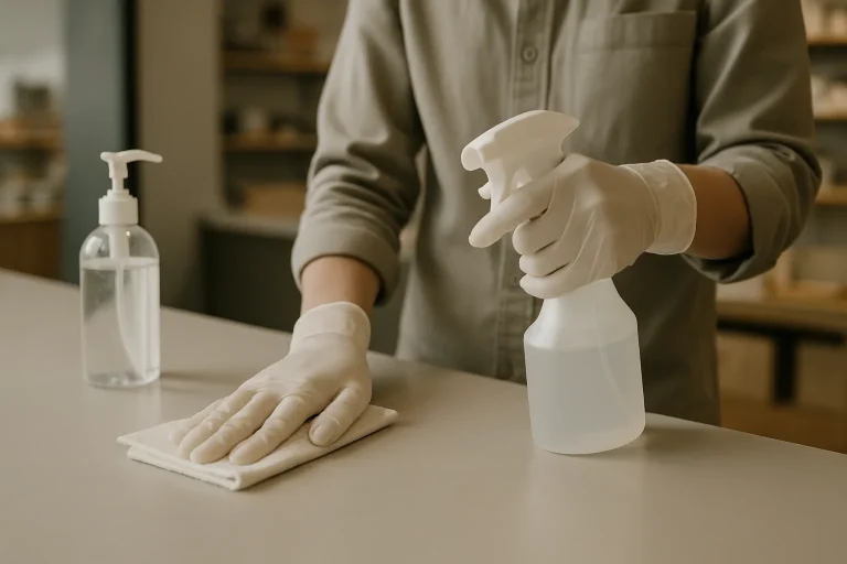 Mains gantées désinfectant un comptoir avec des outils spécialisés, lumière neutre.