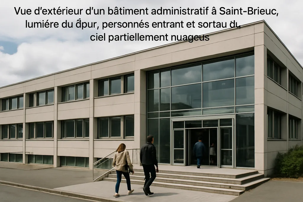 Bâtiment administratif de Saint-Brieuc, lumière du jour, avec des passants.