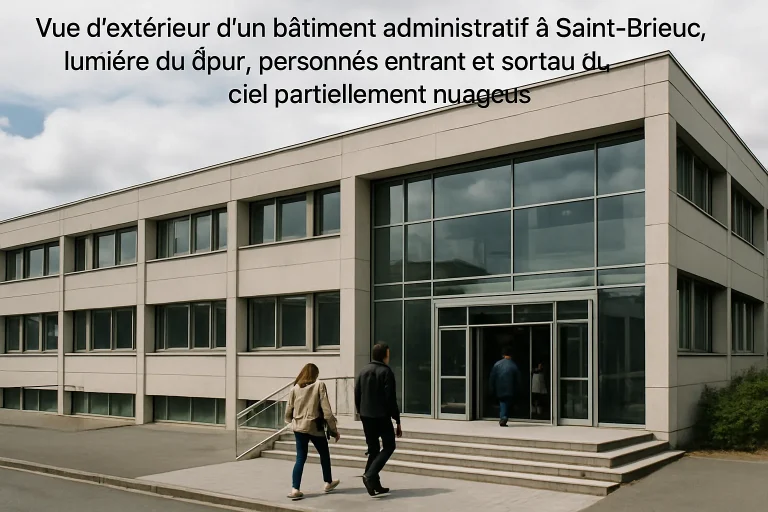 Bâtiment administratif de Saint-Brieuc, lumière du jour, avec des passants.