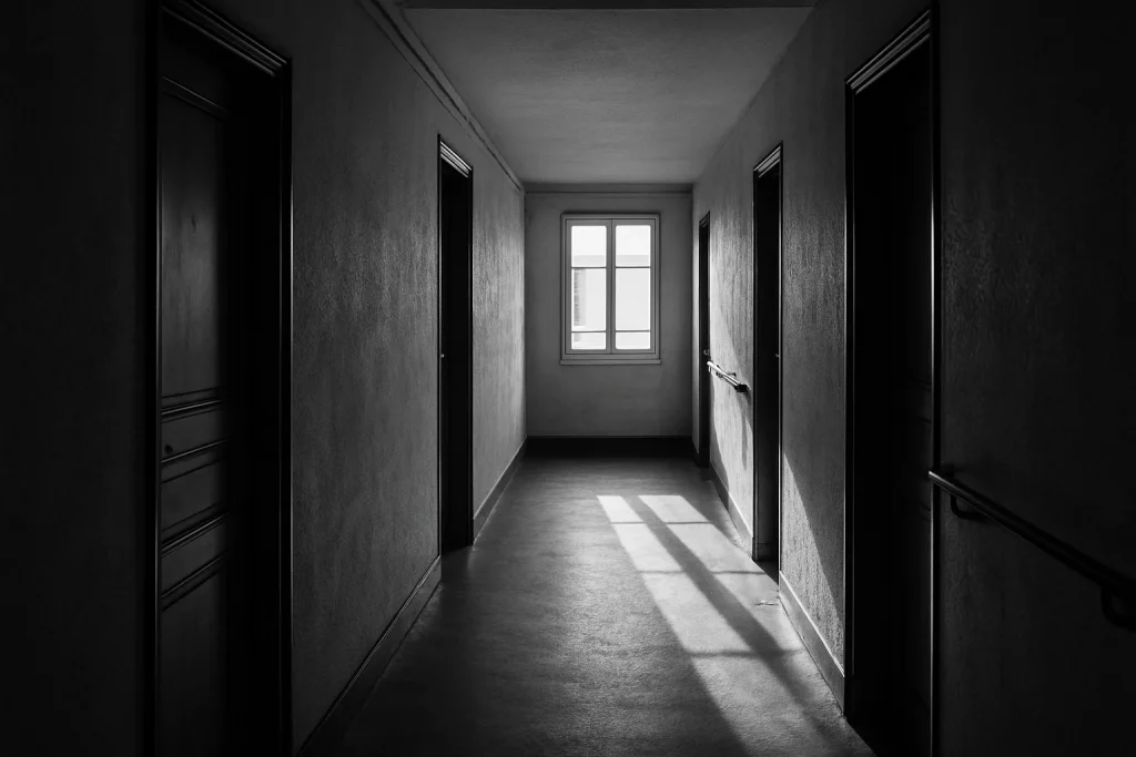 Couloir vide dans un immeuble résidentiel à Dinan, éclairé naturellement, en noir et blanc.