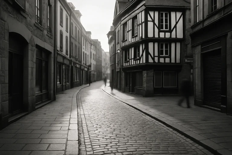 Rue du centre-ville de Saint-Brieuc en noir et blanc, lumière du matin, passants flous