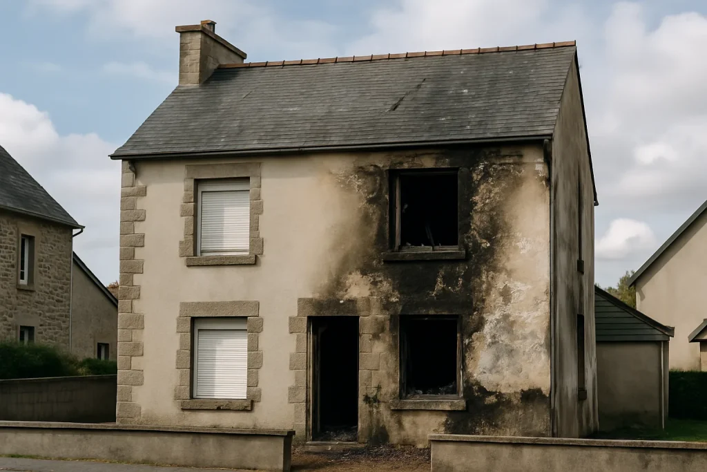 Vue extérieure d'une maison à Guingamp endommagée par un sinistre, lumière du jour.