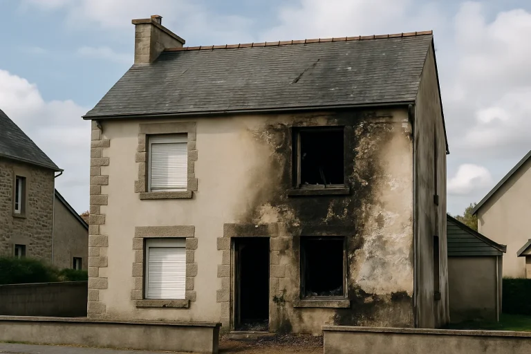 Vue extérieure d'une maison à Guingamp endommagée par un sinistre, lumière du jour.