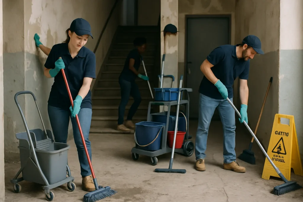 Équipe de nettoyage travaillant dans un hall d'entrée d'immeuble, avec équipements visibles