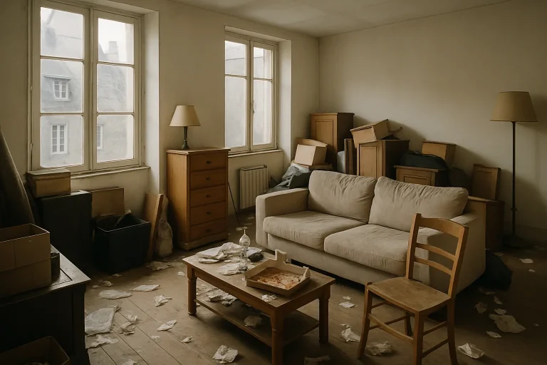 Intérieur d'une maison Diogène à Dinan, meubles et déchets empilés