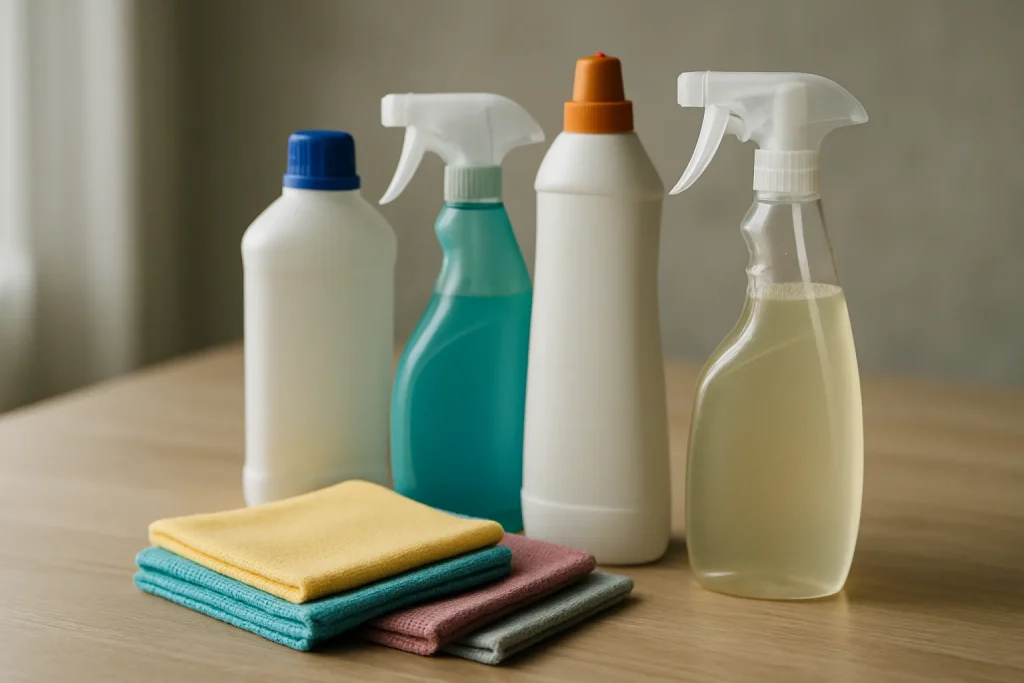 Flacons et sprays de produits de nettoyage spécialisés pour décontamination sur une table, éclairage latéral.