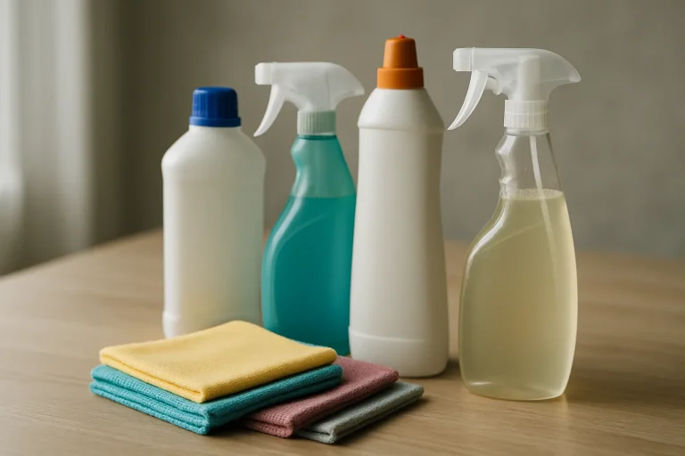 Flacons et sprays de produits de nettoyage spécialisés pour décontamination sur une table, éclairage latéral.