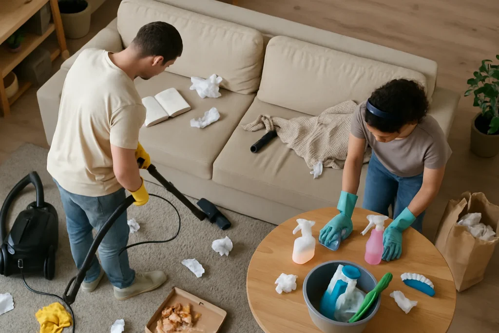 Deux personnes nettoient un salon encombré à Lannion, outils et produits visibles.
