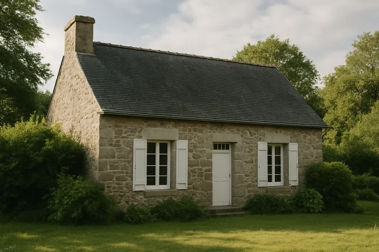 Maison traditionnelle bretonne à Guingamp, façade en pierre, entourée de verdure.
