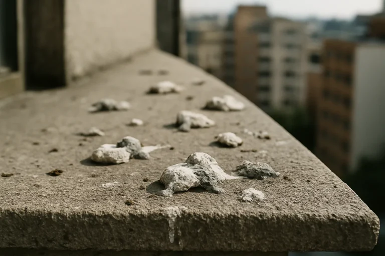 Gros plan sur des fientes de pigeons sur un balcon, textures du béton visibles