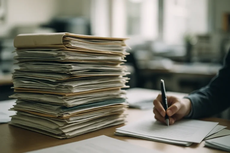 Pile de dossiers et documents sur un bureau avec une main tenant un stylo, lumière naturelle