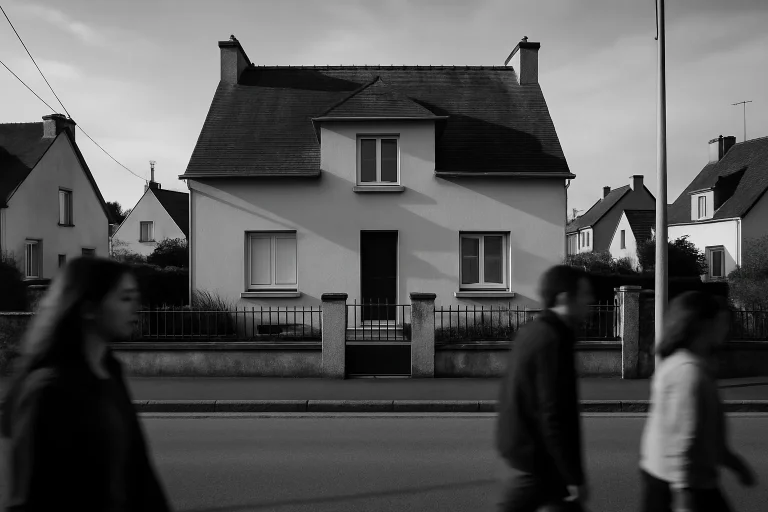 Quartier résidentiel à Lannion sous la lumière du jour avec passants flous.