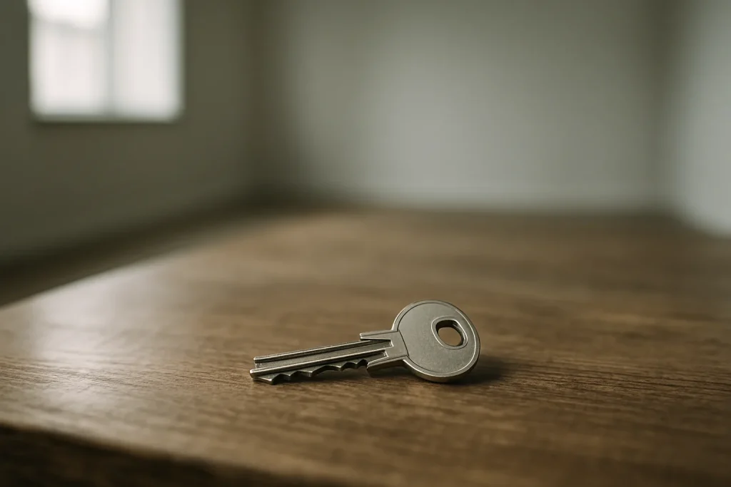 Gros plan d'une clé sur une table en bois, arrière-plan flou d'une pièce vide.