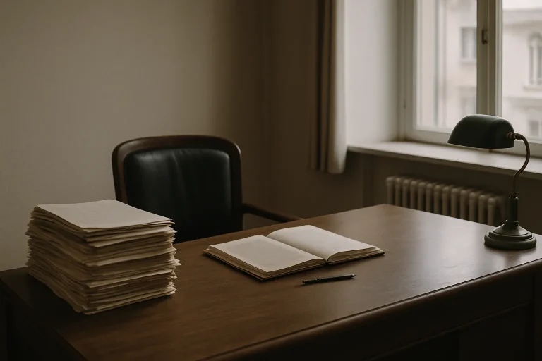 Salle d'étude notariale avec bureau en bois et documents sous une lumière douce