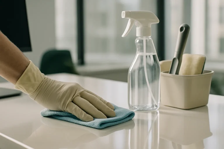 Main gantée nettoyant un bureau moderne avec outils visibles, lumière naturelle