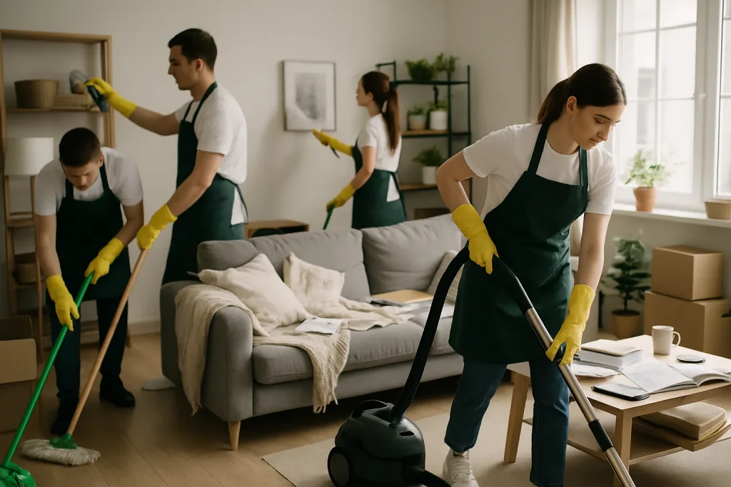 Équipe de nettoyage débarrassant une maison encombrée à Dinan, outils en main