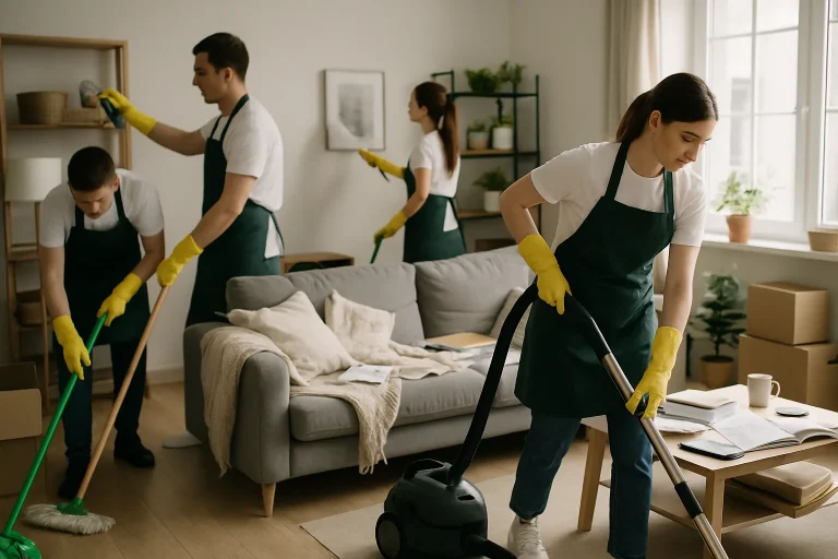 Équipe de nettoyage débarrassant une maison encombrée à Dinan, outils en main