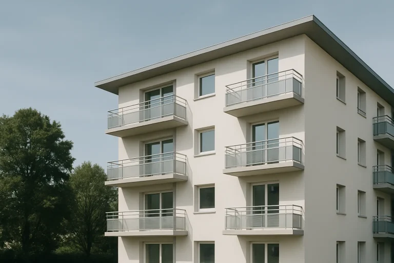 Façade d'un immeuble moderne propre avec arbres en arrière-plan en Côtes-d'Armor