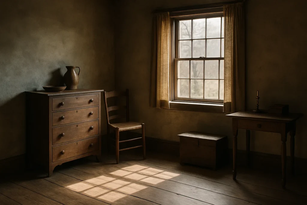 Intérieur d'une pièce ancienne avec lumière douce, plancher en bois et objets d'époque.