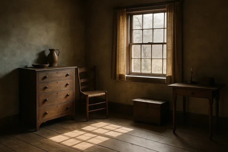 Intérieur d'une pièce ancienne avec lumière douce, plancher en bois et objets d'époque.